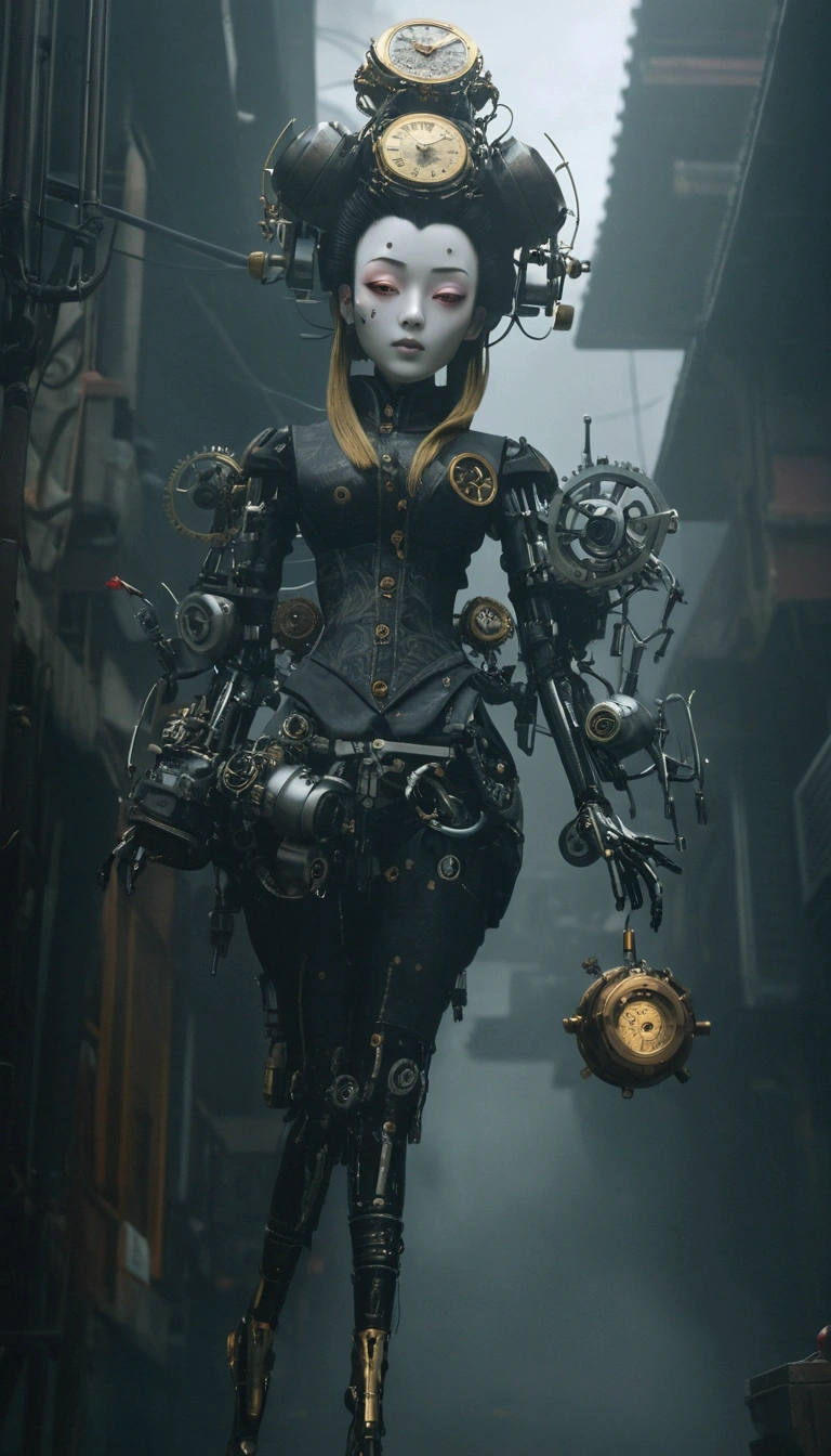 There is a statue of a woman with a clock on her head。, mechanized witch girl, Ghost in the Shell Geisha Robot, Fashionable cyberpunk mechanoids, the mekanik doll, Steampunk Automaton, Portrait of a Mechanical Girl, Cyberpunk Geisha, Like a female mechanic, Rococo Cyberpunk, cyber-steampunk, Cyborg Merchant Woman, Japanese Robot Geisha、Apparition、face、fog、Drift、cloud、Flowing、dim、Highest quality、8k