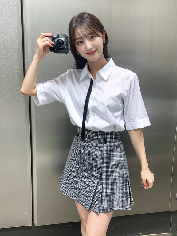 White shirt Checked Skirt Have a camera