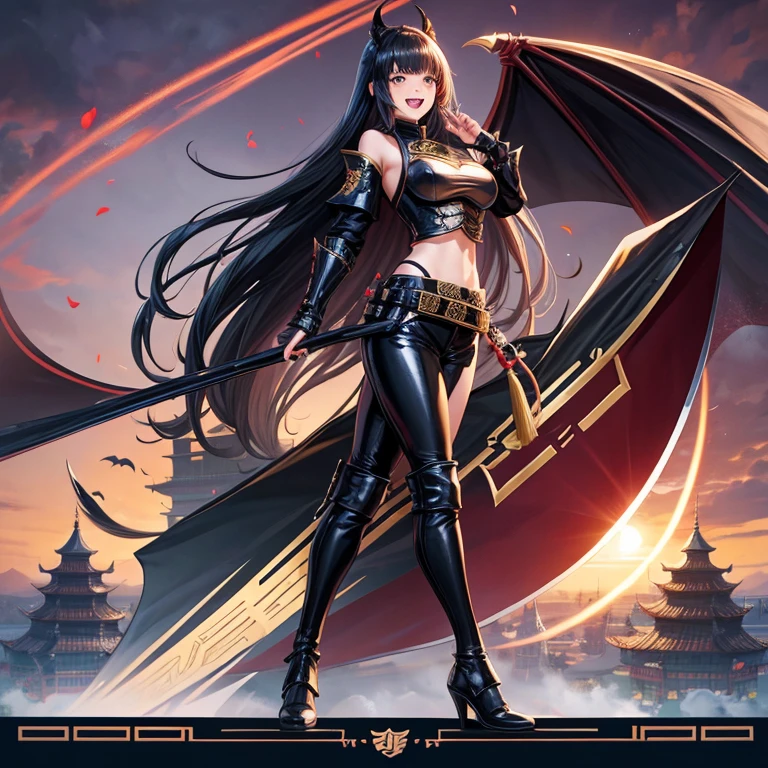Girls, Anime, Black Leather Pants, Chinese Knight Armor, Long Hair with bangs, Chinese Castle, Giant Bat Wings, Asian, Smile, Friendly, Open Mouth, Full Body.