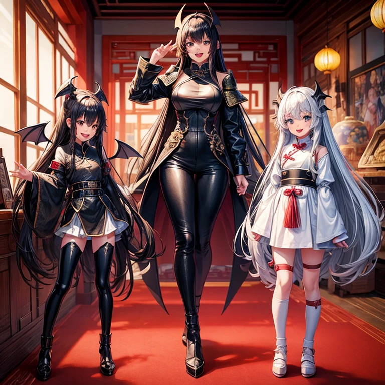 Girls, Anime, Black Leather Pants, Chinese Knight Armor, Long Hair with bangs, Chinese Castle, Giant Bat Wings, Asian, Smile, Friendly, Open Mouth, Full Body.