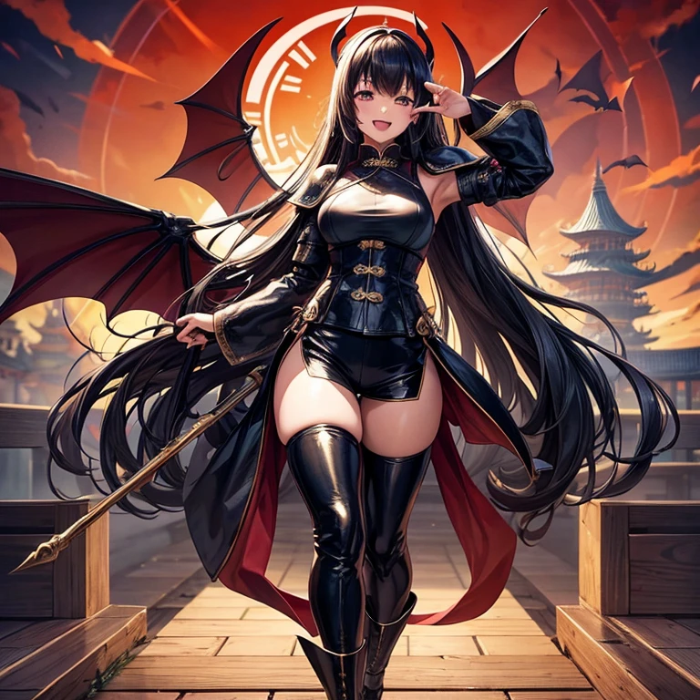 Girls, Anime, Black Leather Pants, Chinese Knight Armor, Long Hair with bangs, Chinese Castle, Giant Bat Wings, Asian, Smile, Friendly, Open Mouth, Full Body.