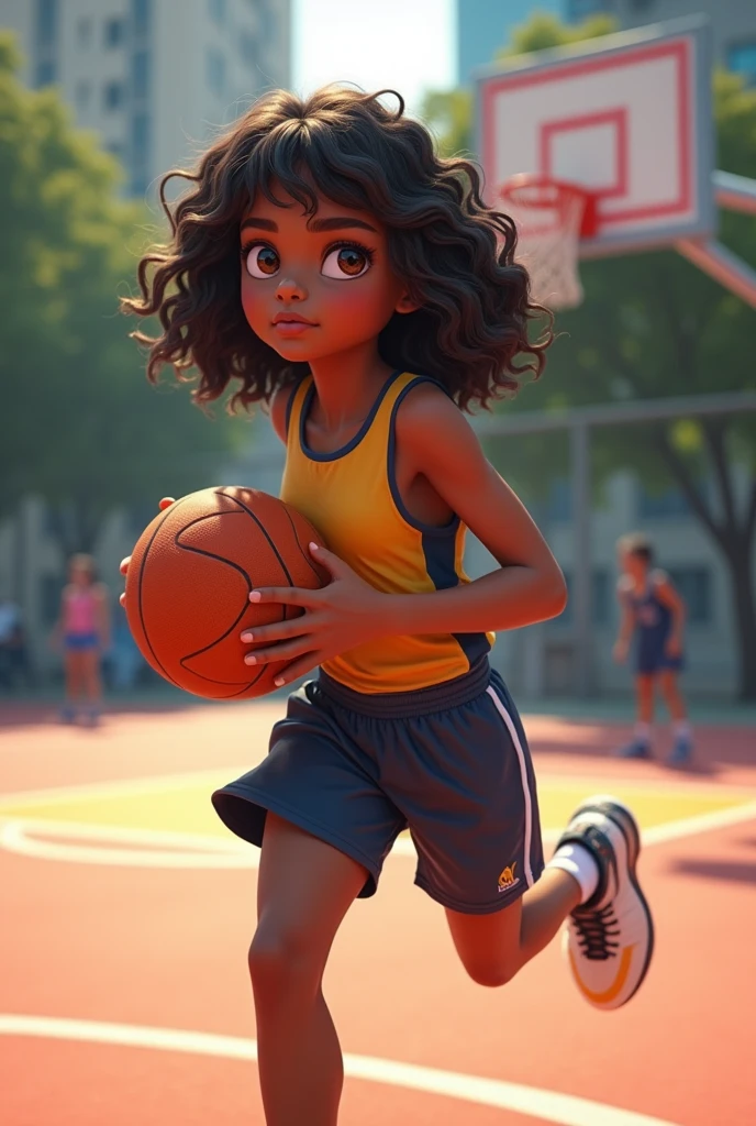A girl of height 1.61 m medium wavy hair with dark skin playing basketball with brown skin