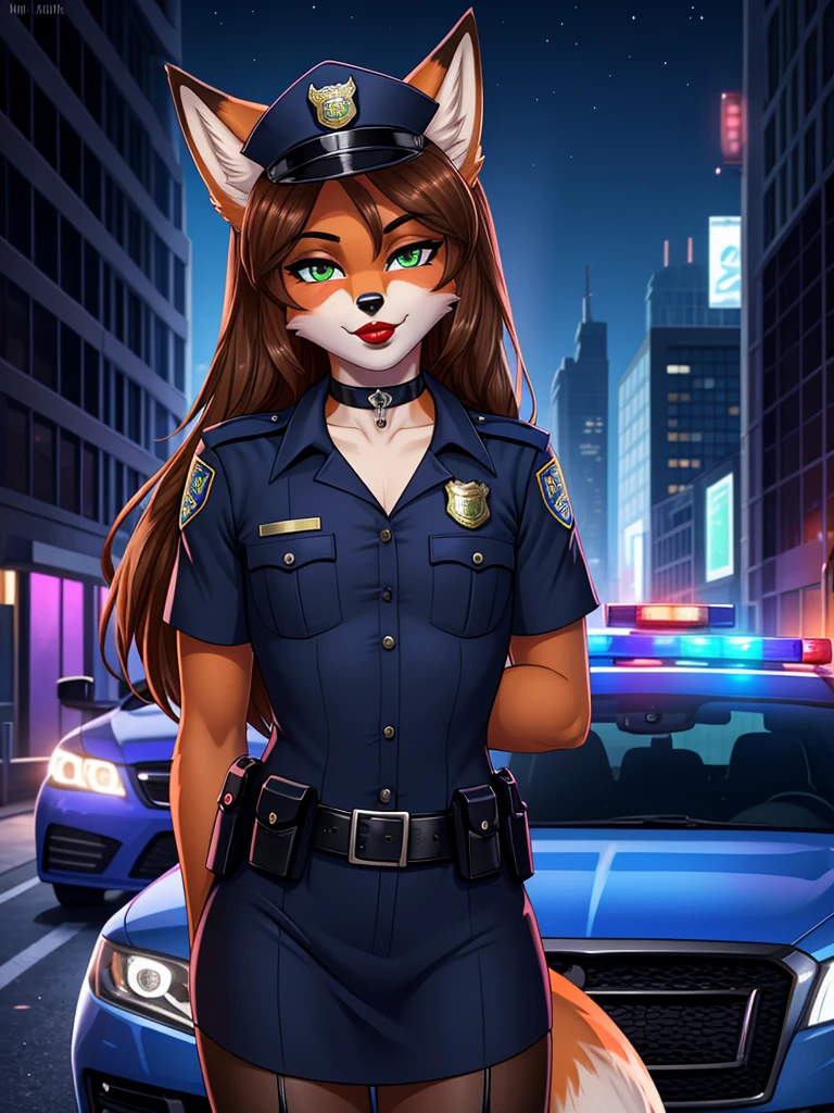 Best quality, furry male fox with green eyes, with brown long hair, with black spout, with red lipstick on lips, big lips, in a policewoman costume, a femboy, crossdressing,  shy, choker on the neck, flirts, y pose, portrait, posing near a police car against the backdrop of an empty city at night 