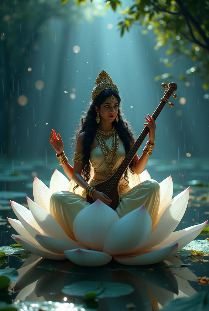 cinematic animated character art, Silhouette of indian godess Saraswati sitting on a giant white lotus in a pond, multiple arms, holding musical instrument-'veena', a manuscript, and prayer beads , wearing indian golden crown, saree, white flower garlands, luscious hair flowing in air, calm expression, glowing fireflies, rain, cinematic lighting, darkness in atmosphere, storm, tree leaves floating, colour graded, vibrant, 4khd