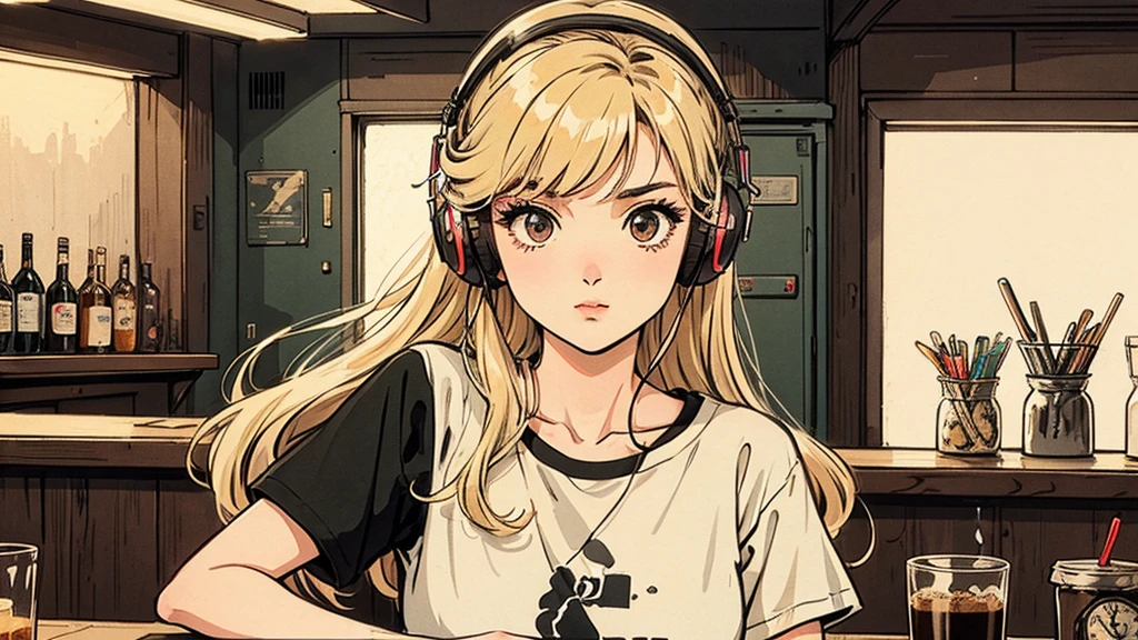 1 person, Blonde Long Hair, 80s anime style, I have headphones on, coffee, Retro, Lo-Fi,Inside the bar, Stylish lighting, Wearing a short-sleeved T-shirt, Close-up of a woman's face from the front, 