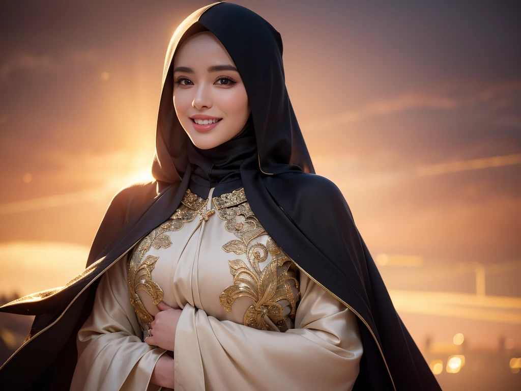 1girl, gorgeous Indonesian woman, silk abaya, hijab, smiling, shy, opened mouth, visible teeth, hot mom, full body portrait, (best quality,4k,8k,highres,masterpiece:1.2),ultra-detailed,(realistic,photorealistic,photo-realistic:1.37),HDR,UHD,studio lighting,ultra-fine painting,sharp focus,physically-based rendering,extreme detail description,professional,vivid colors,bokeh,portraits,warm color tones,dramatic lighting