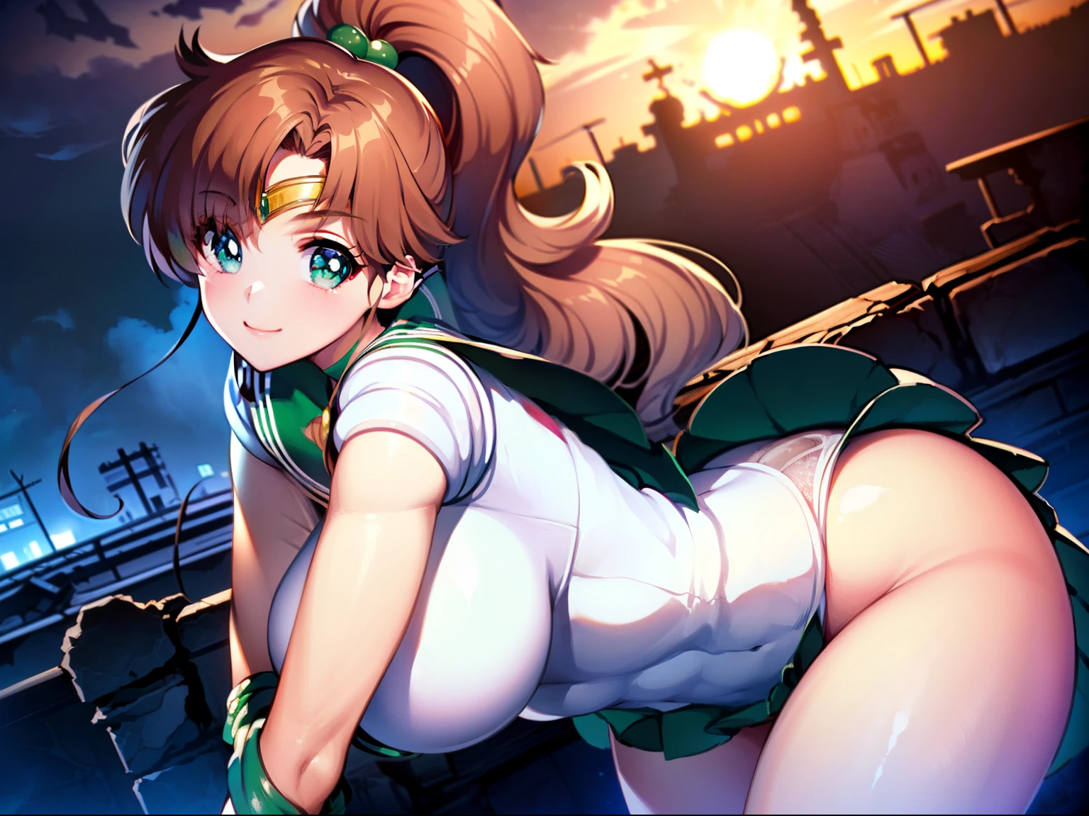 Highest quality, High resolution,((Sailor Jupiter)), One Girl, single, alone, Beauty, bangs, Brown Hair,Long ponytail)), ((Green Eyes, Beautiful eyelashes, )), (( Super anime CG style)), Big Breasts, Dynamic Angle, Perfect body, ((とても恥ずかしいパニックsmile、Look back and see this,Sticking out her butt,(I can see the whole butt)、（White lace sheer panties)、tall、No sleeve,The ruins in the background are very beautiful,Big eyes,(High definition and very beautiful eyes).smile,((Deep green ultra-mini skirt)),Looking up at the butt,Jupiter is visible,