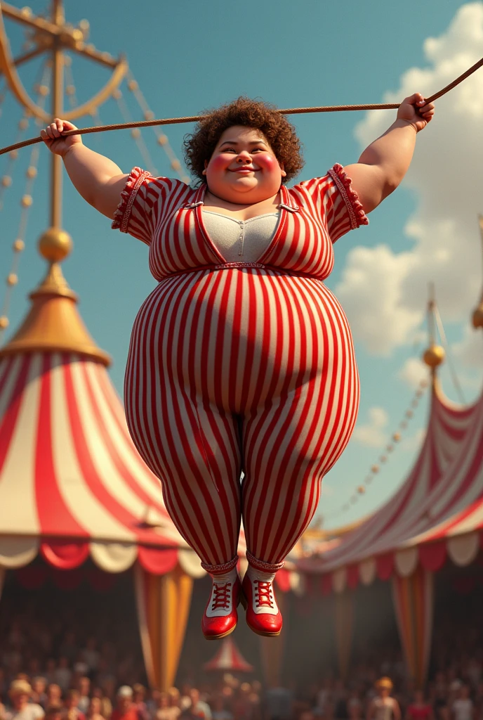 A fat women wearing red stripes overall dangling from a line at a circus