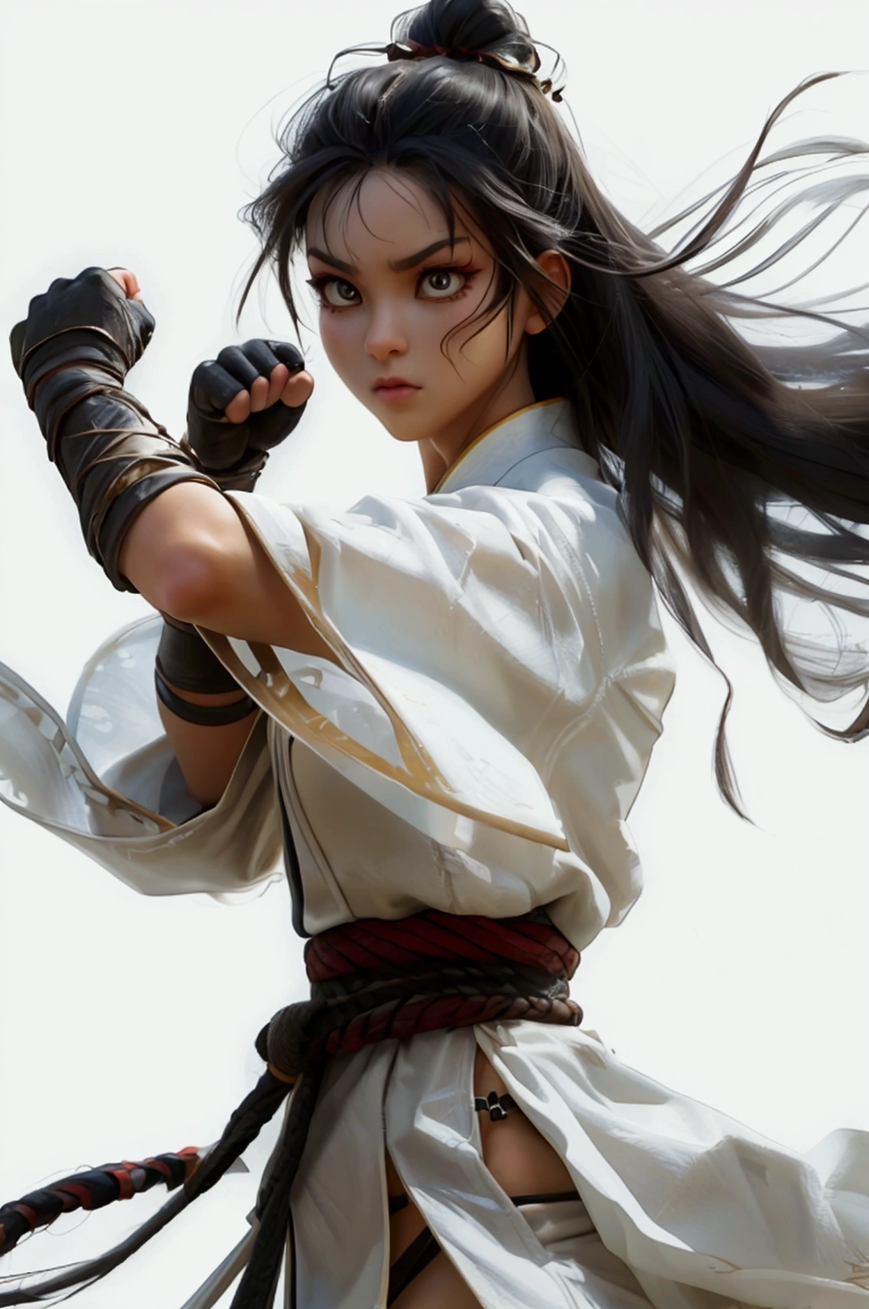 A fierce female warrior in a dynamic mid-air kick, with flowing long hair and traditional martial arts attire. Her eyes are sharp and focused, her hands clenched into fists, ready to strike. 12yo student, +3 View prompt standing, 3 View Drawings, side and Front and back, Character Sheet, Full body, Simple white background, character reference sheet, Concept art, design sheet, Character Design, full body adoptable horizontal clear charcter style sheet