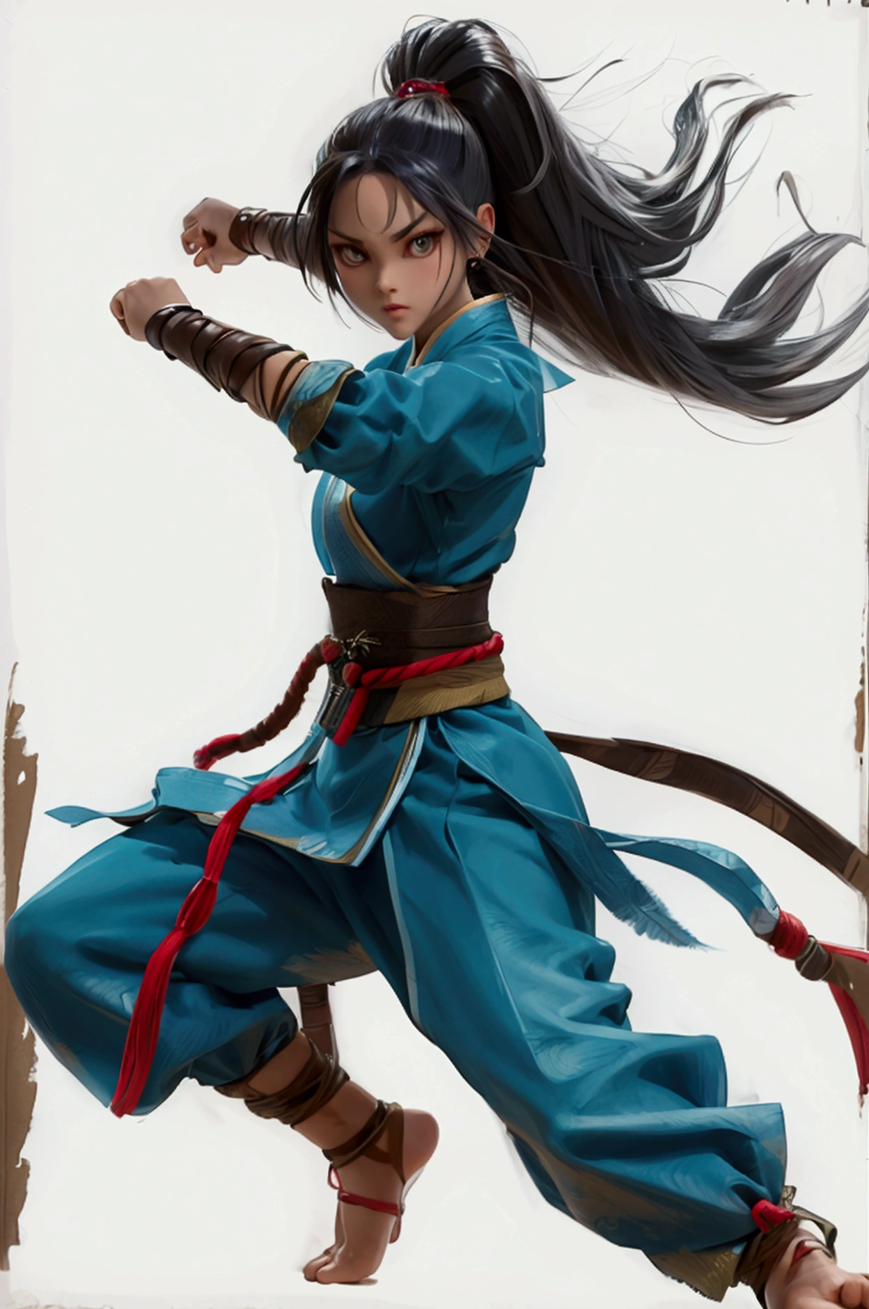 A fierce female warrior in a dynamic mid-air kick, with flowing long hair and traditional martial arts attire. Her eyes are sharp and focused, her hands clenched into fists, ready to strike. 12yo student, +3 View prompt standing, 3 View Drawings, side and Front and back, Character Sheet, Full body, Simple white background, character reference sheet, Concept art, design sheet, Character Design, full body adoptable horizontal clear charcter style sheet