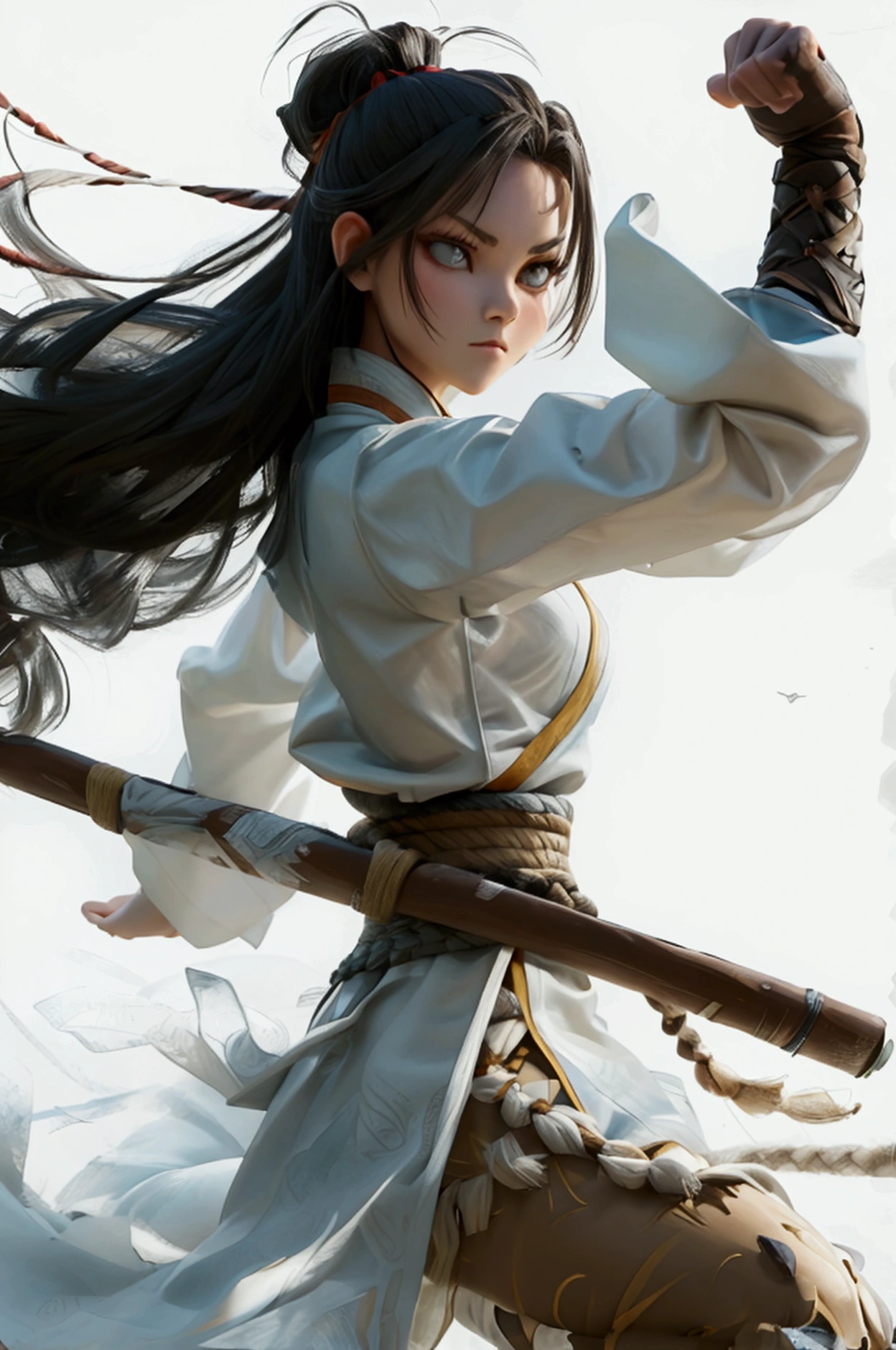 A fierce female warrior in a dynamic mid-air kick, with flowing long hair and traditional martial arts attire. Her eyes are sharp and focused, her hands clenched into fists, ready to strike. 12yo student, +3 View prompt standing, 3 View Drawings, side and Front and back, Character Sheet, Full body, Simple white background, character reference sheet, Concept art, design sheet, Character Design, full body adoptable horizontal clear charcter style sheet