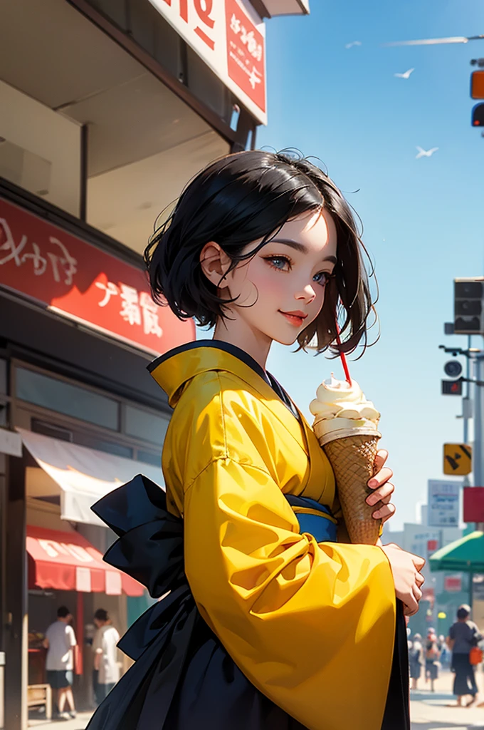 anime style, super fine illustration, highly detailed, dynamic angle, beautiful detailed, 8k, On a summer afternoon under the blazing sun in a city street, BREAK a Bust-up of a beautiful black-haired woman in a kimono smiling is enjoying a cold gelato. BREAK Her skin shimmers in the sunlight, making her stand out in the vibrant and joyful scene.