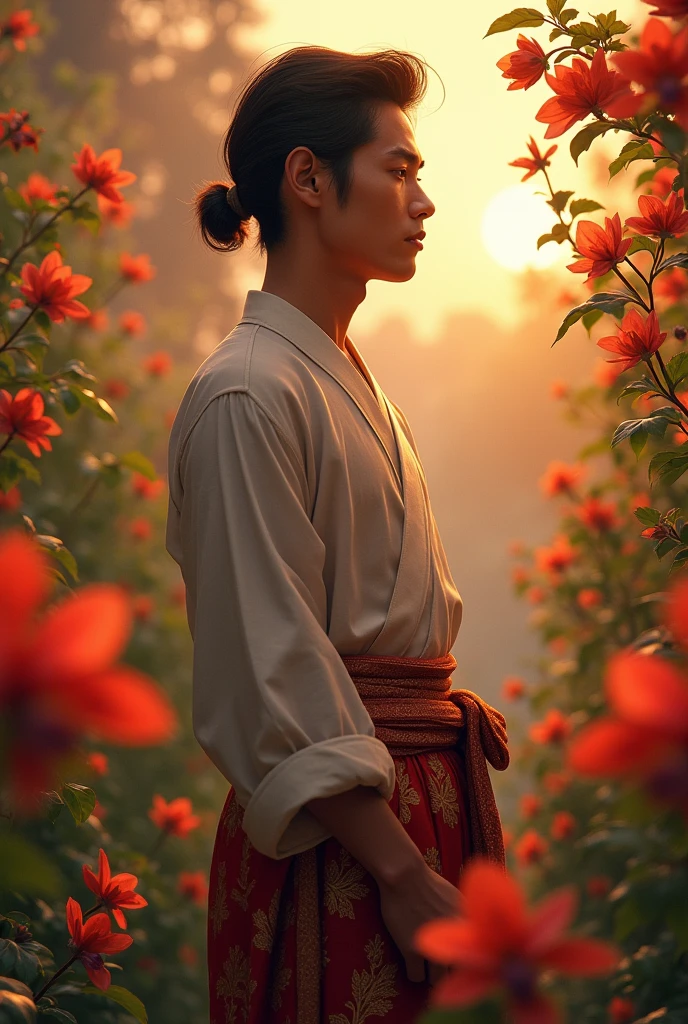 " A Thai man wearing a Thai costume from the Ayutthaya period, handsome like a man from the past, with fair skin, is standing and admiring the Rampue flowers, showing his face thinking of his beloved, thinking of his beloved. The background is an evening atmosphere, surrounded by a flower garden. "