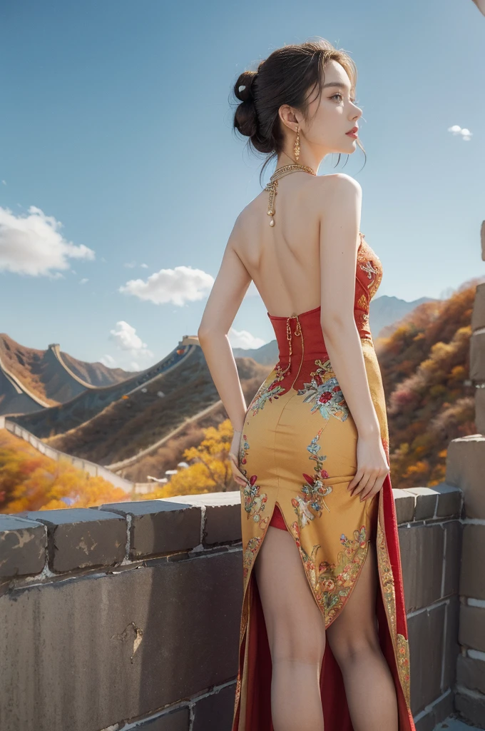 (((best quality))), (((ultra detailed))), (((masterpiece))), illustration,((1 beautiful girl,solo)),(on the Great Wall:1.3),(neat bun:1.2),((earrings,necklace)),((slim,thin)),((bare back,towering hips,butt crack)),((October, sunny, autumn,bright sunshine)), magnificent mountains,(maxi gorgeous Exquisite embroideried red dress:1.3),(stockings:1.3),(standing:1.3),gracefully,(detailed bright eyes:1.3),(fair skin:1.3), radiant,sparkling, vibrant colors,(colorful flowers:1.3), elegance, strength, perseverance, majestic, awe-inspiring, fluffy white clouds,((from back,upper body))