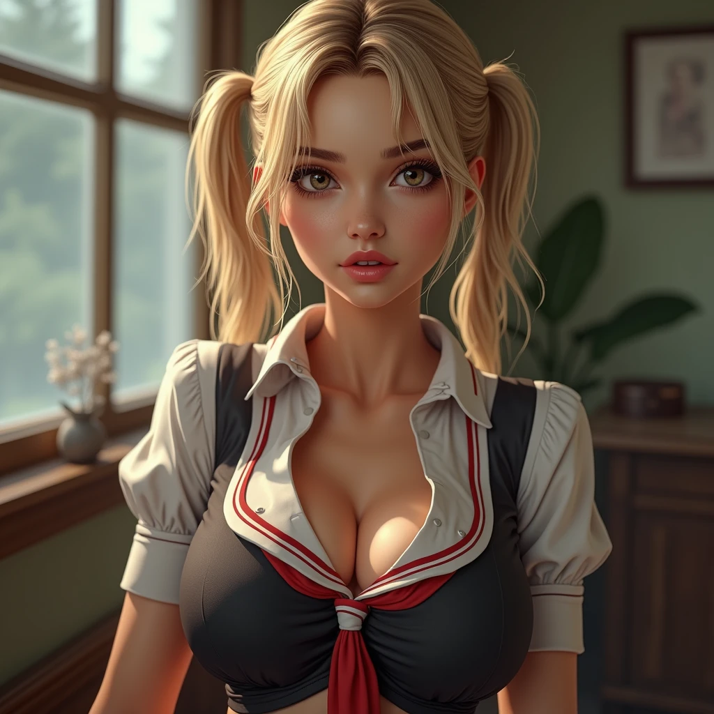 blonde woman, dressed as a schoolgirl, sexy, back to school, has pigtails, (big breasts:1.2), extremely detailed face and eyes, beautiful detailed lips, longeyelashes, 1girl, (best quality,4k,8k,highres,masterpiece:1.2),ultra-detailed,(realistic,photorealistic,photo-realistic:1.37),HDR,UHD,studio lighting,ultra-fine painting,sharp focus,physically-based rendering,extreme detail description,professional,vivid colors,bokeh,portrait
