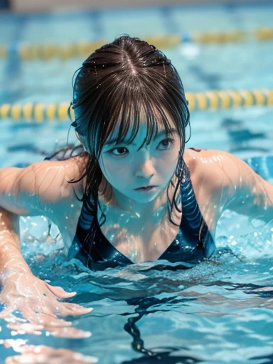 Japanese female, (underweight), (medium bust best quality:1.0), 30 years old,
(crawl swimming scene:1.4), (swimsuit), in the midnight pool,