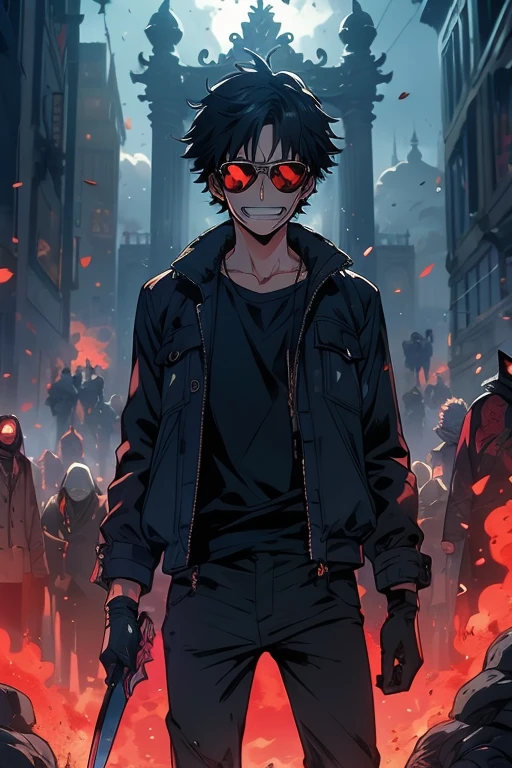 ((illustration)), (best quality)), ((masterpiece)), (detailed), teenager, 1male, black hair, jacket, black gloves, coat, sunglasses, leather, solo, anime: 2, city, night, flat color, demons, monsters, throne, holding knife, glowing eyes, smoke, bloody, blood on clothes, blood on face, crazy smile, war, chaos, cinematic, epic, anime, fire, explosion, kingdom background, dark crown, One piece style,