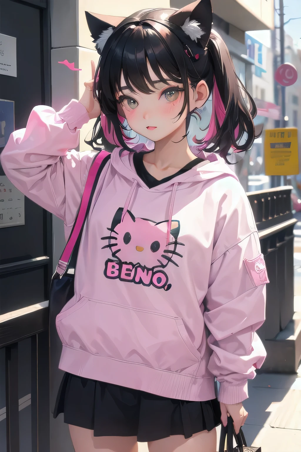 1 girl, One, Hello, Kitty girl, pink and black hair, well done, friendly
