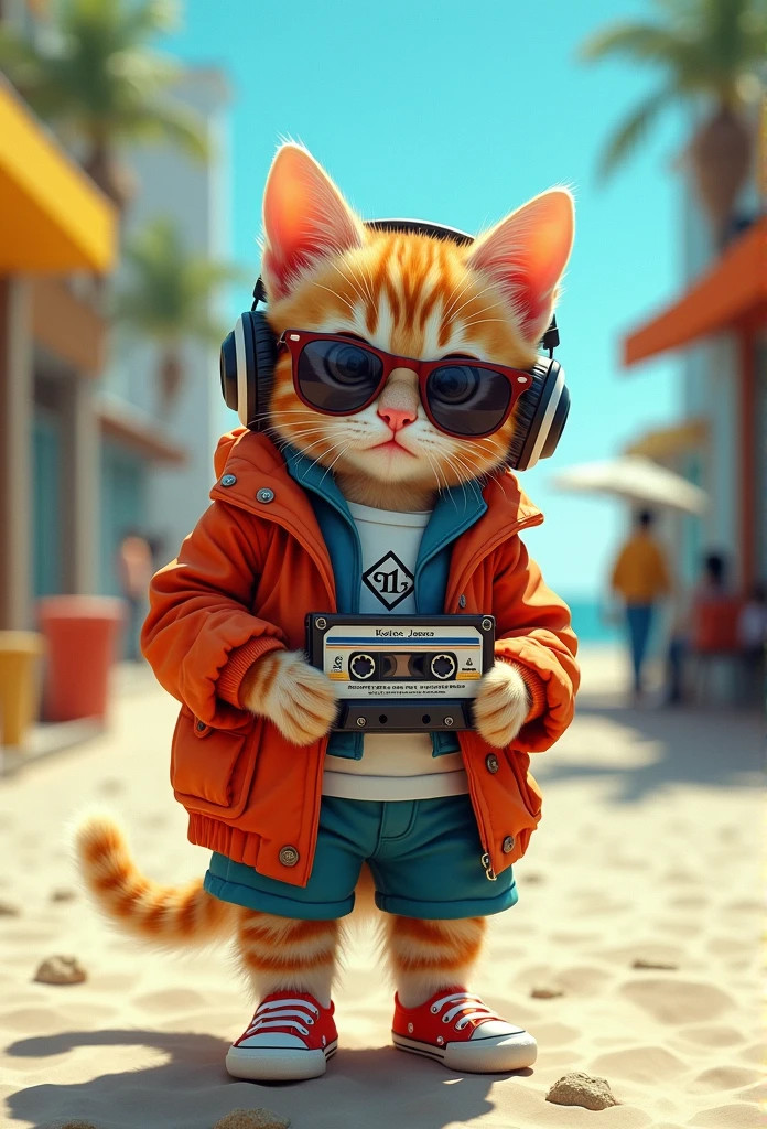 1920x1080  16:9 Perfect Centering, Cute kitten, Wear a school jacket, Wear sunglasses, Wearing headphones and holding a cassette tape, Standing position, Abstract Beauty, Centered, Looking into the camera, To the camera, Near perfect, dynamic, Rio de Janeiro beaches、Very detailed, Digital Painting, artステーション, コンセプトart, Smooth, Sharp focus, 8k, High resolution, shape, art：Khan Griffith and Vadim Kashin, world heritage