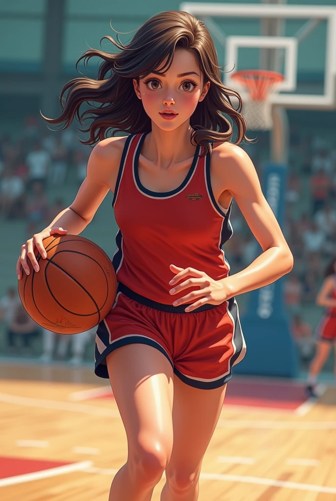 A girl of height 1.61 m medium wavy hair pearly skin playing basketball