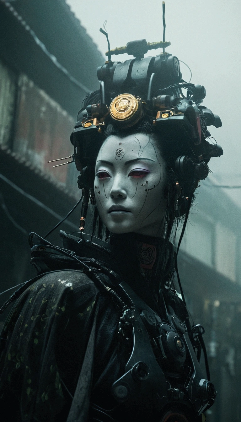 faceと時計が付いたロボットがいる, Ghost in the Shell Geisha Robot, very beautiful Cyberpunk Samurai, Cyberpunk Geisha, portrait of a Cyberpunk Samurai, Cyberpunk Samurai, Cyberpunk Robot Elf Queen, cyberpunk medusa, サイバーパンクのface, Complex cyberpunk makeup, Villain Cyborg movie still, Cyberpunk horror style, portrait of a robot shaman、Apparition、face、fog、Drift、cloud、Flowing、dim、Highest quality、8k