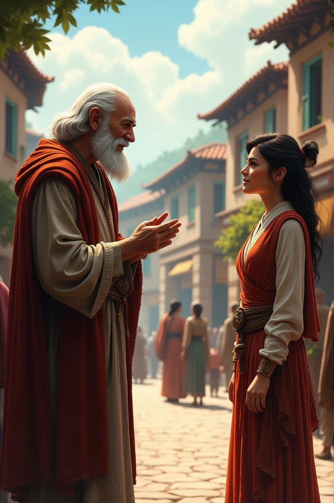 Rohan Offering Counsel: Rohan speaking with a young couple, offering them wise advice, with an expression of wisdom and kindness, in the village square.