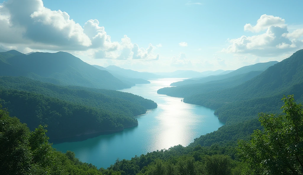Panorama water flows westwards to the sea(best quality,4K,8k,High level,masterpiece:1.2),Ultra Detailed,(lifelike,Photo real,Photo real:1.37)