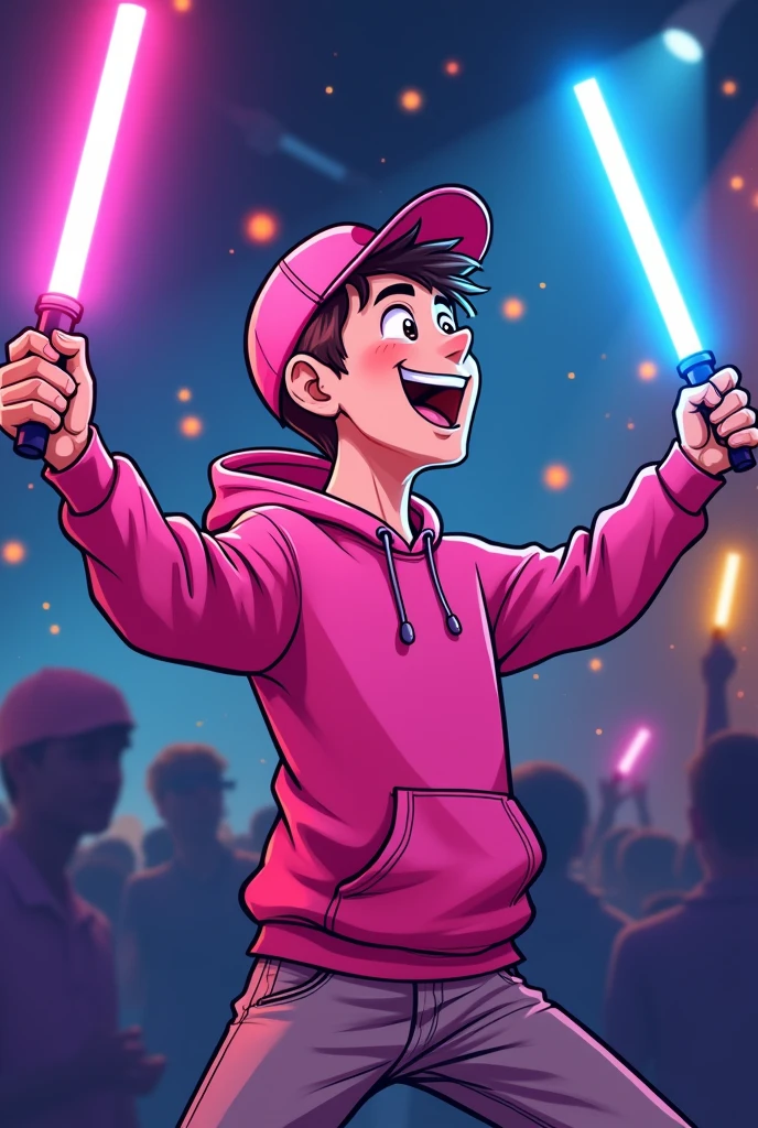 Cartoon of a 20 year old boy, with pink cap, pink sweatshirt, with LED light sticks in both hands, one pink and one blue, celebrating, with side position, from the waist up, with a disco background