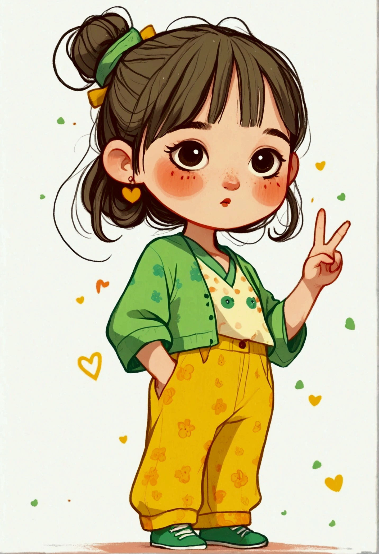 flat wind，vector，Childish art cartoon，Oil pastel graffiti，A cute Chinese chibi girl in green with yellow pants, in the style of cartoon, white background,cute and dreamy, Kawaii illustration, in the style of Korean hairstyle with a hair bun on her head, happy expression, standing pose, smiling while making the peace sign with her right hand,full body portrait,simple lines, colorful animation stills, romantic charm