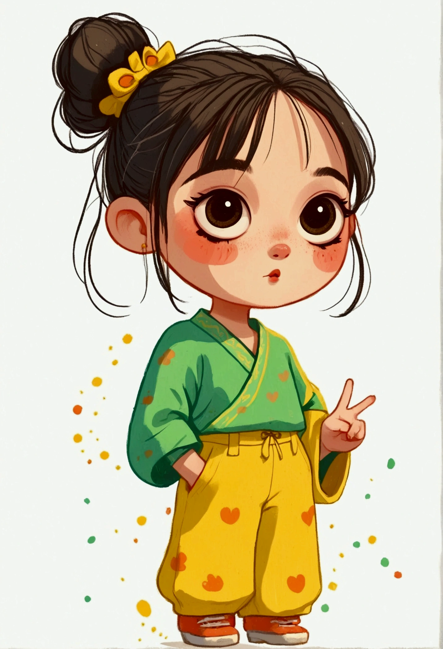 flat wind，vector，Childish art cartoon，Oil pastel graffiti，A cute Chinese chibi girl in green with yellow pants, in the style of cartoon, white background,cute and dreamy, Kawaii illustration, in the style of Korean hairstyle with a hair bun on her head, happy expression, standing pose, smiling while making the peace sign with her right hand,full body portrait,simple lines, colorful animation stills, romantic charm