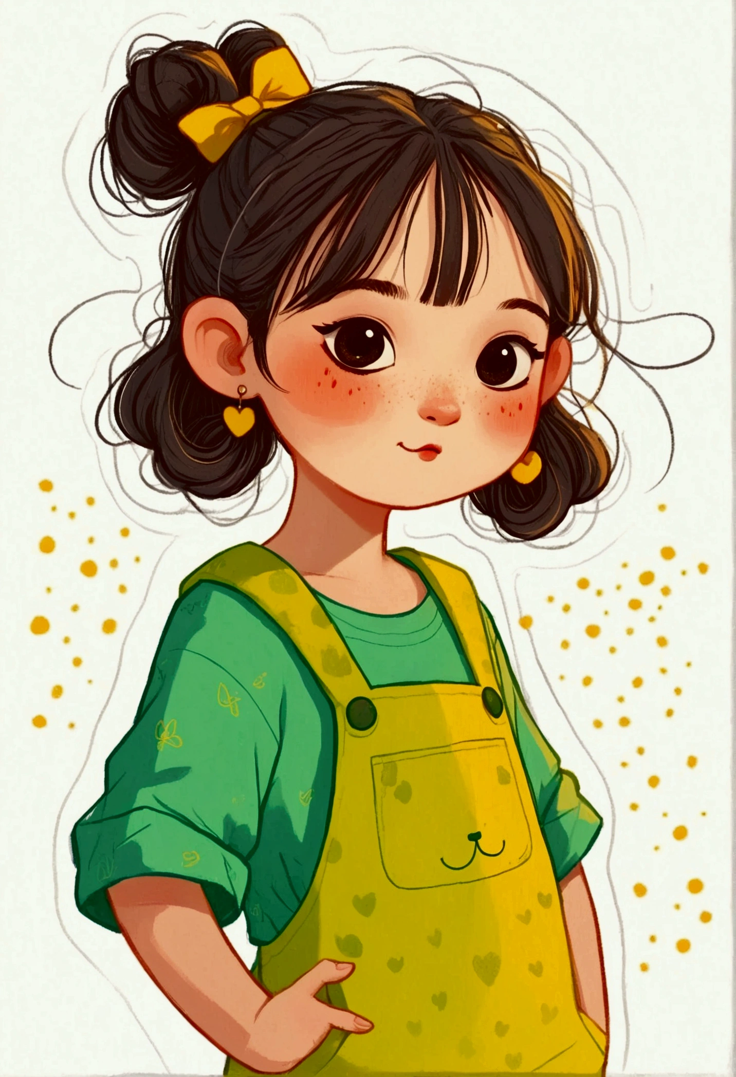 flat wind，vector，Childish art cartoon，Oil pastel graffiti，A cute Chinese chibi girl in green with yellow pants, in the style of cartoon, white background,cute and dreamy, Kawaii illustration, in the style of Korean hairstyle with a hair bun on her head, happy expression, standing pose, smiling while making the peace sign with her right hand,full body portrait,simple lines, colorful animation stills, romantic charm