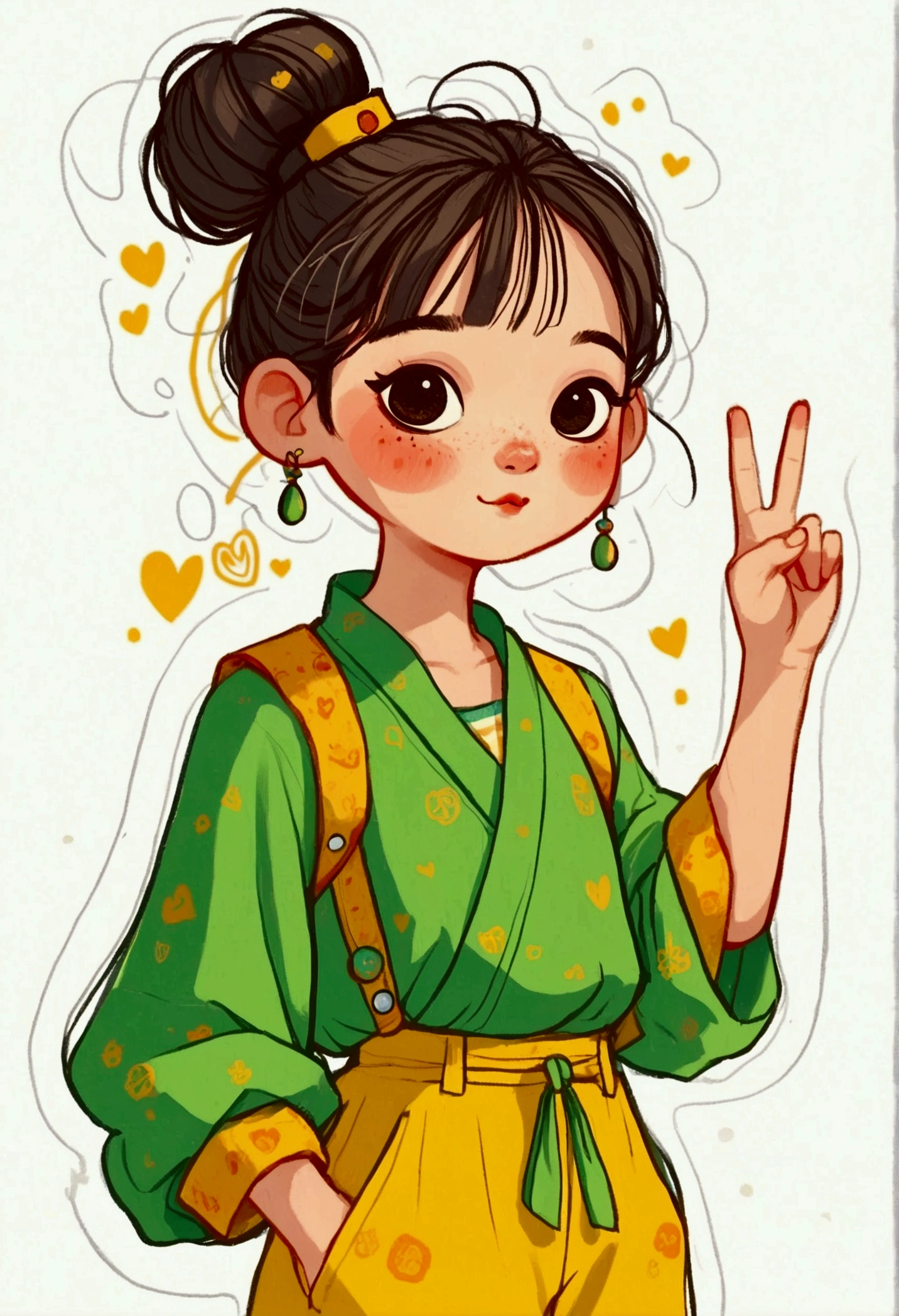 flat wind，vector，Childish art cartoon，Oil pastel graffiti，A cute Chinese chibi girl in green with yellow pants, in the style of cartoon, white background,cute and dreamy, Kawaii illustration, in the style of Korean hairstyle with a hair bun on her head, happy expression, standing pose, smiling while making the peace sign with her right hand,full body portrait,simple lines, colorful animation stills, romantic charm