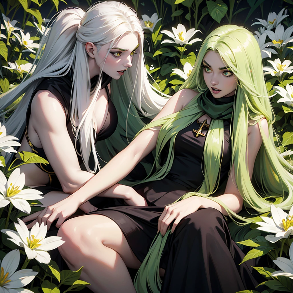 Young woman with very vivid GREEN long hair, green long hair, golden eyes, Pale white skin, green eyebrow, she is wearing black top, Black transparent scarf, black skirt, silver cross accessories, She is lying in a mound of white flowers, sunny day, dynamic shadow, Glossy black makeup, vampire fangs, open mouth, side view,