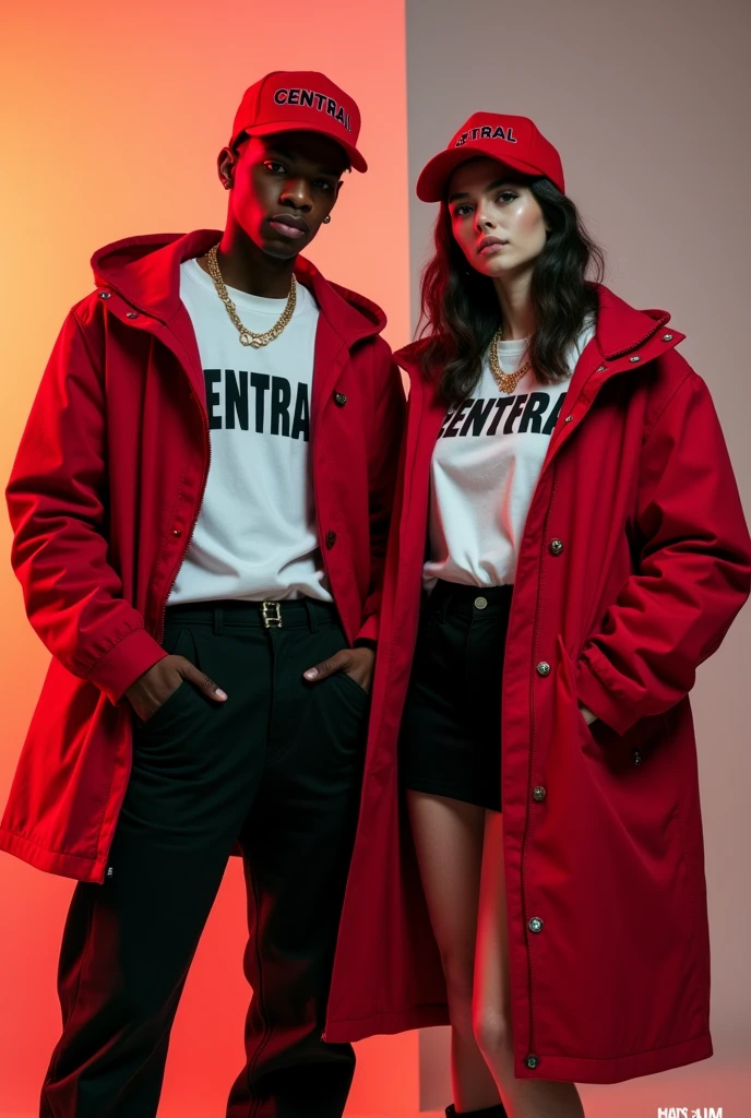 "Create an impactful video featuring a 20-year-old boy with a rapper style and a 20-year-old girl with a feminine flair, both with stylish long hair. The boy wears a red cap with the word 'CENTRAL' in large, bold, and bright letters on the front, styled slightly tilted to the side. He pairs it with an oversized red parka, a white t-shirt with the word 'BILLIONAIRE' in bold black letters that dominates the front, black baggy pants, and Timberland boots. The camera should frequently zoom in on his cap and t-shirt, making the words 'CENTRAL' and 'BILLIONAIRE' the main focus, with dynamic lighting effects that make these words stand out.
The girl, with soft wavy hair, wears a matching red cap with 'CENTRAL' prominently displayed in large, bright letters, along with a fitted red parka that accentuates her figure, a white t-shirt with the word 'BILLIONAIRE' in bold black letters, a black mini skirt, and Timberland boots with a slight heel. The video should repeatedly focus on the 'CENTRAL' branding on her cap and the 'BILLIONAIRE' text on her t-shirt, ensuring these elements are highlighted. The background should resemble a magazine cover, with the duo posed confidently as the feature models. The scene should include elements like headlines or graphic design that enhance the magazine cover look. The video should ensure that the 'CENTRAL' and 'BILLIONAIRE' text are the primary focus, using strategic camera angles, close-ups, and lighting to make these words stand out against the stylish, editorial backdrop.