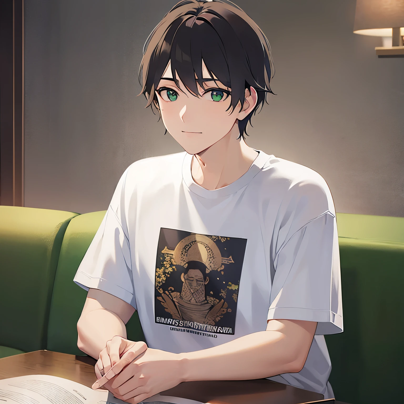 arm behind head, Biologically correct five fingers、upper body、masterpiece、Highest quality、(2 male:1.5) and (Brown short hair) and (Green Eyes), (White T-shirt)、Sad smile、The background is the living room、alone、