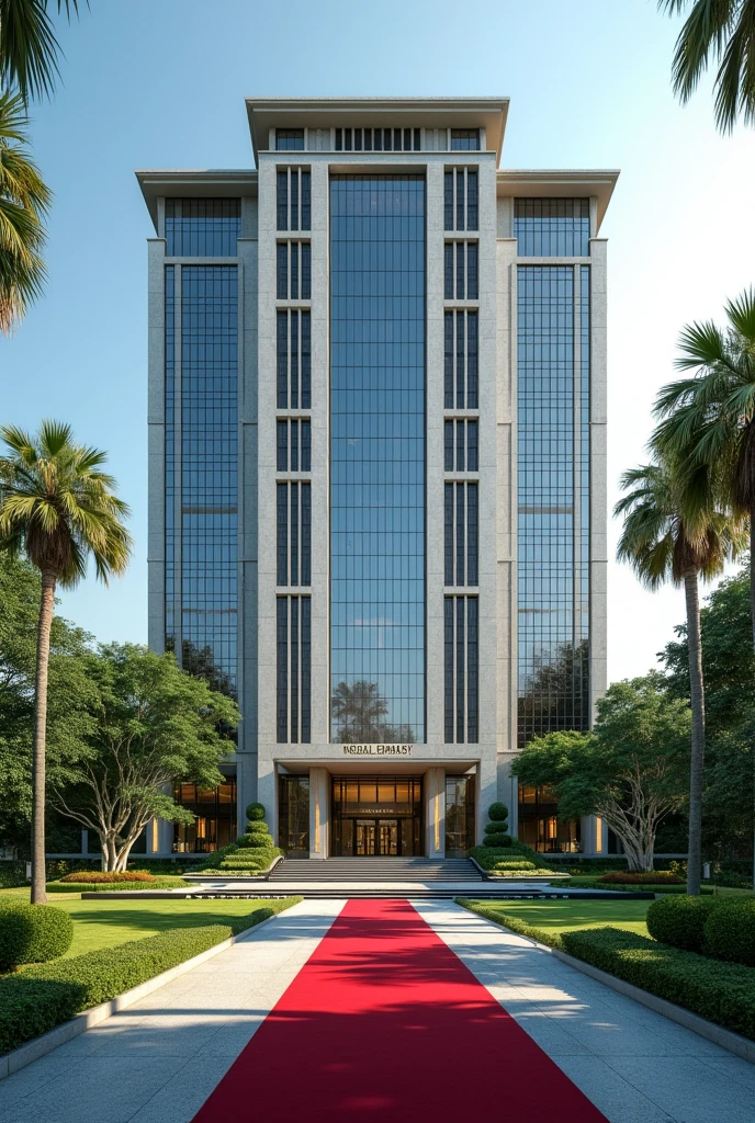 A wonderful and luxurious building, it's on it's own with large compound with trees and Grass with corporate Singaporean architecture and the words Nexus Global Embassy fully exposed on the building separate concrete with red carpet on the entrance with a good full view and angle .Expose the words Nexus Global Embassy on the concrete fully I can't see the words and the driveway the spelling is wrong work on spelling and clarity of words embassy 