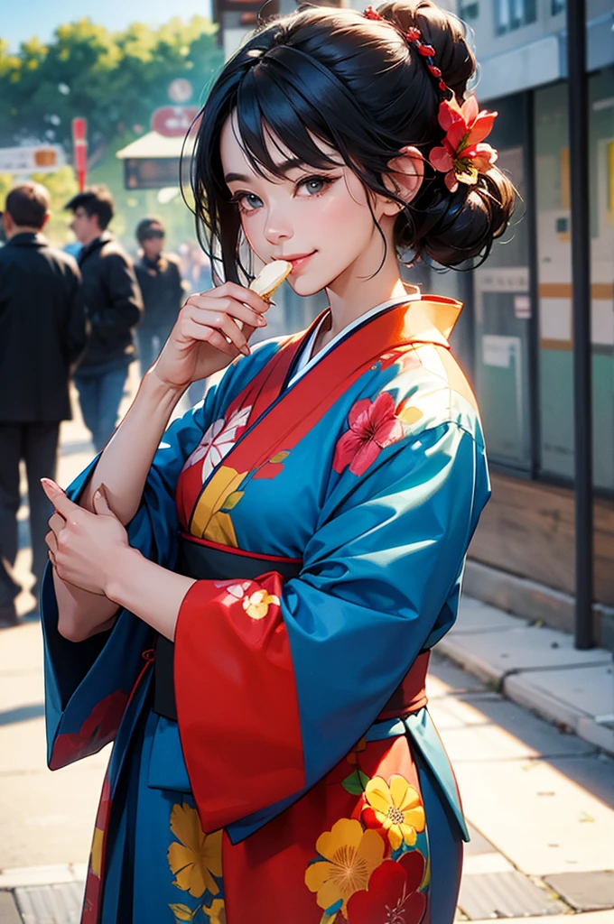 anime style, super fine illustration, highly detailed, dynamic angle, beautiful detailed, 8k, On a summer afternoon under the blazing sun in a city street, BREAK a Bust-up of a beautiful black-haired woman in a kimono smiling is enjoying a cold gelato. BREAK Her skin shimmers in the sunlight, making her stand out in the vibrant and joyful scene.