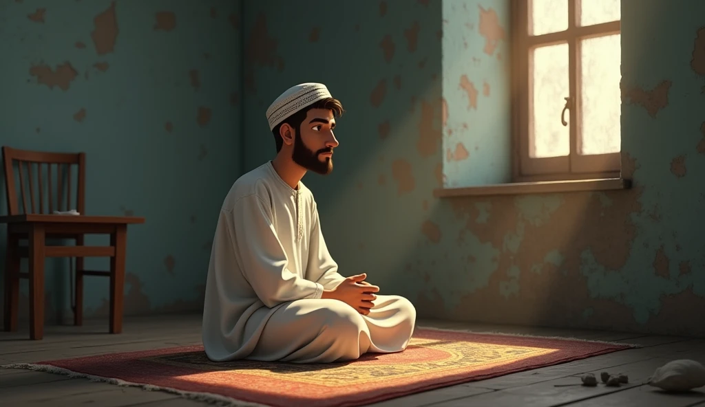 Animated image of a young Muslim man contemplating in a shabby room