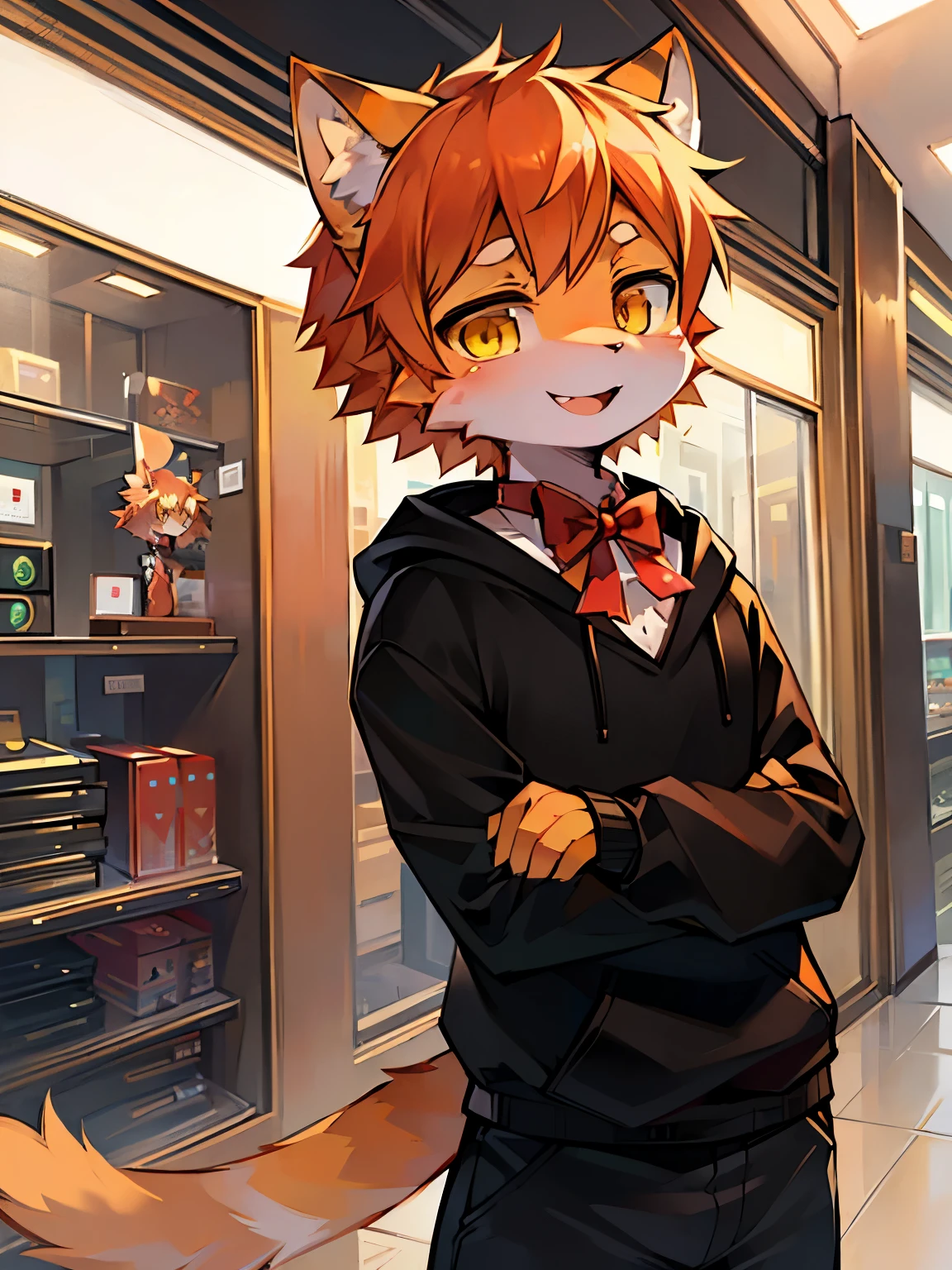 Masterpiece, high details, high quality, ((Kemono, cat, made, solo, orange hair, yellow eyes, orange cat, wear red bow tie on neck, wear black hoodie, wear black pants, cat tail)), look at viewers, smile open mouth, happy, standing, (standing in mall, modern mall background, no one, soft light, soft growing), By eisuke_art