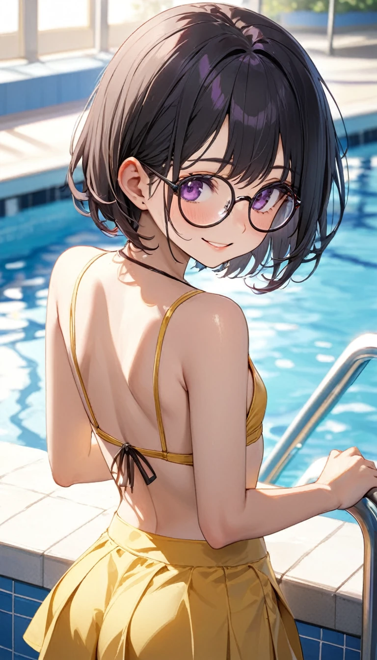 from behind, looking back, Cute pose、Highest quality、Best image quality、masterpiece、独奏, a girl、Beautiful Eyes、black hair, purple eyes、Short bob cut、(sideburns), middle part, (flat chest)、slender、Tight waist、Round Glasses、Beautiful Face、Natural smile、red cheek、yellow skirted bikini, At the school pool、