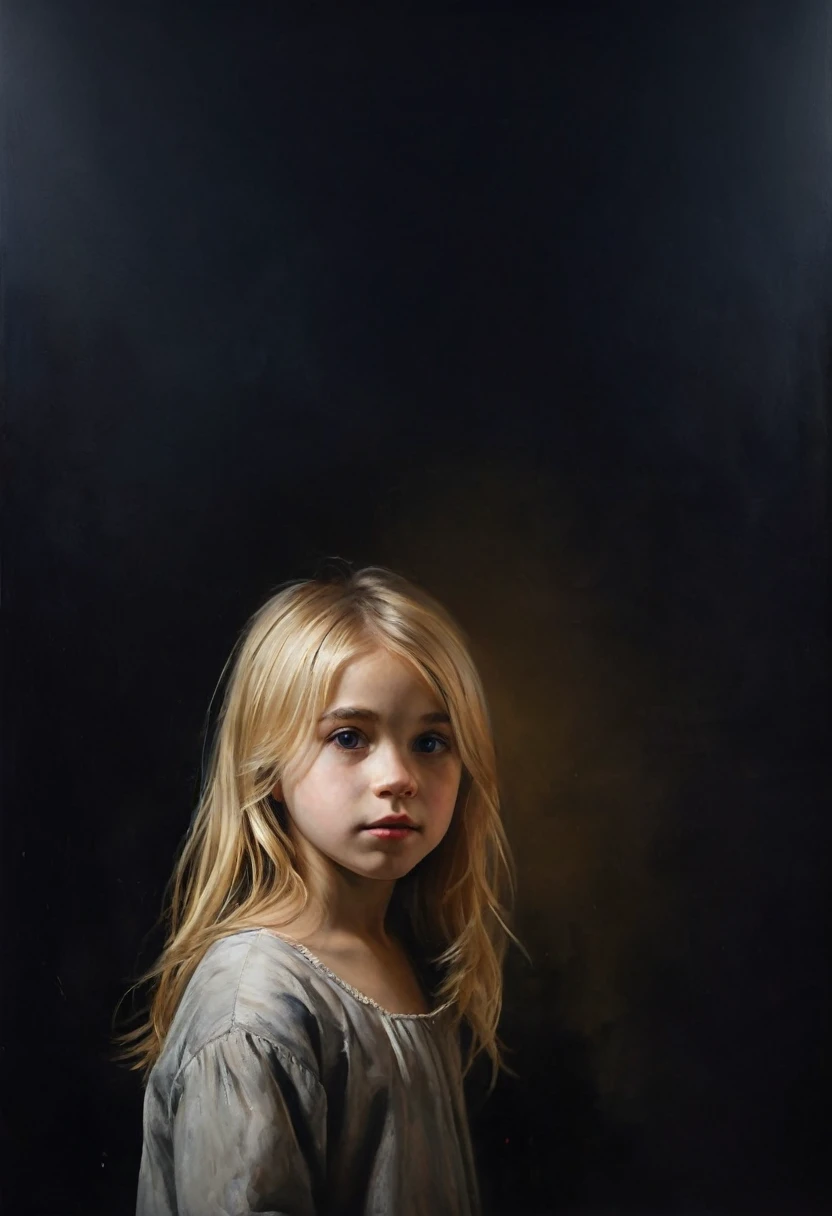 painting of a waist-length portrait of a child girl with blond hair, dark atmosphere, cinematic scene, volumetric lights, ultra realistic, in the style of nicola samori