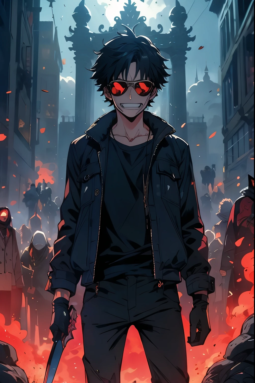 ((illustration)), (best quality)), ((masterpiece)), (detailed), teenager, 1male, black hair, jacket, black gloves, coat, sunglasses, leather, solo, anime: 2, city, night, flat color, demons, monsters, throne, holding knife, glowing eyes, smoke, bloody, blood on clothes, blood on face, crazy smile, war, chaos, cinematic, epic, anime, fire, explosion, kingdom background, dark crown, One piece style,