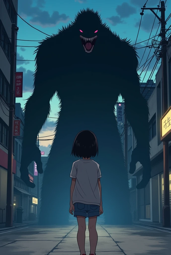 Anime girl with short black hair at the age of 18 wearing boy-like clothes stopped. On the sidewalk in the evening, there was a scary monster in front of her, and the signs of fear and shock were clear on her face. 