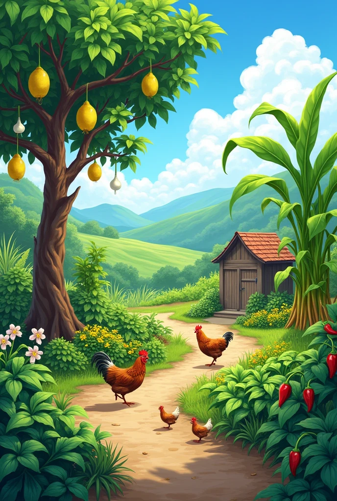 Vegetable garden: tamarind tree, sugarcane tree, shallot, coriander, chili tree, soybean, chicken coop