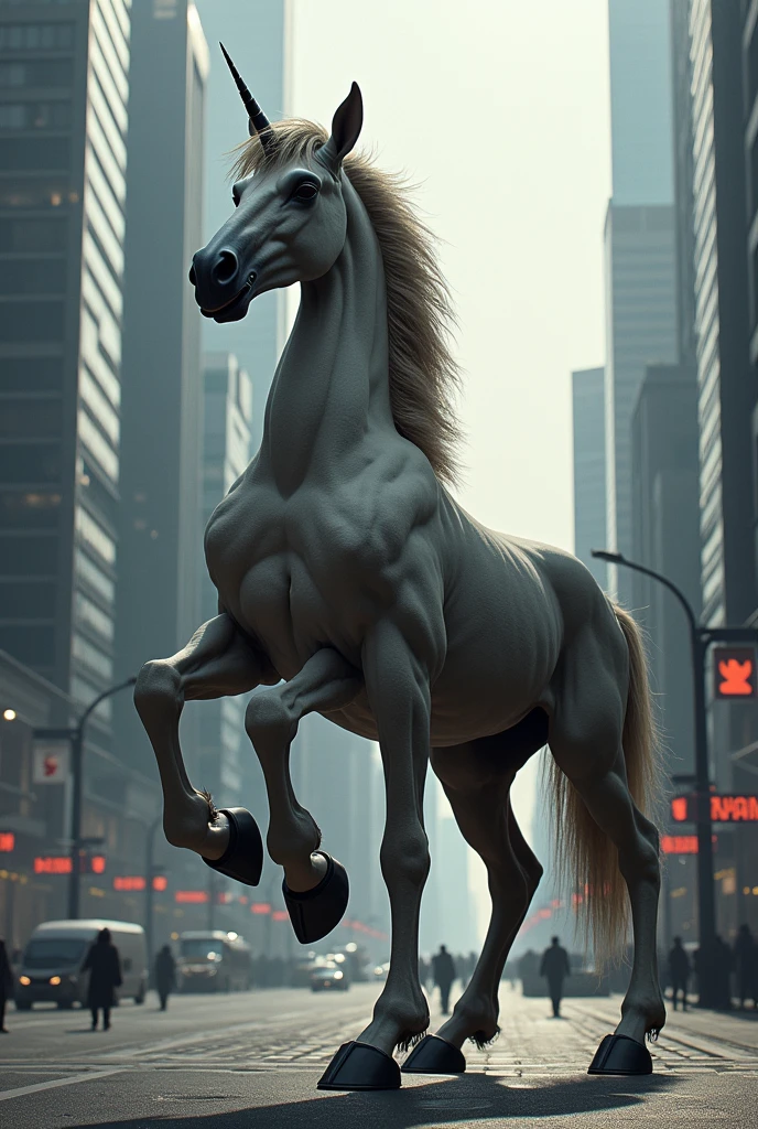 "A powerful centaur in HD Quality and ultra-realistic detail, standing poised in a busy city street. Its warrior bow and arrow contrast with the shadowy skyscrapers around it."