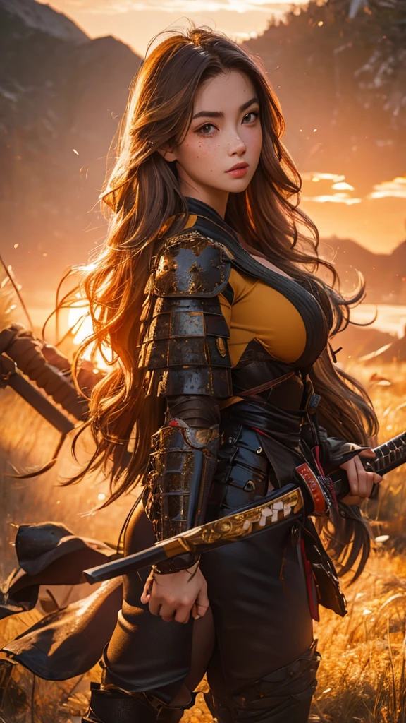 1 girl, (masterpiece)Full-body portrait , perfect body, big breast, yellow wavy long hair, red eyes, freckles face, wearing sexy samurai armor,wield a long katana, cowboy shot, 4k uhd, perfect lighting realistic photography, soft shadows, japanese village background