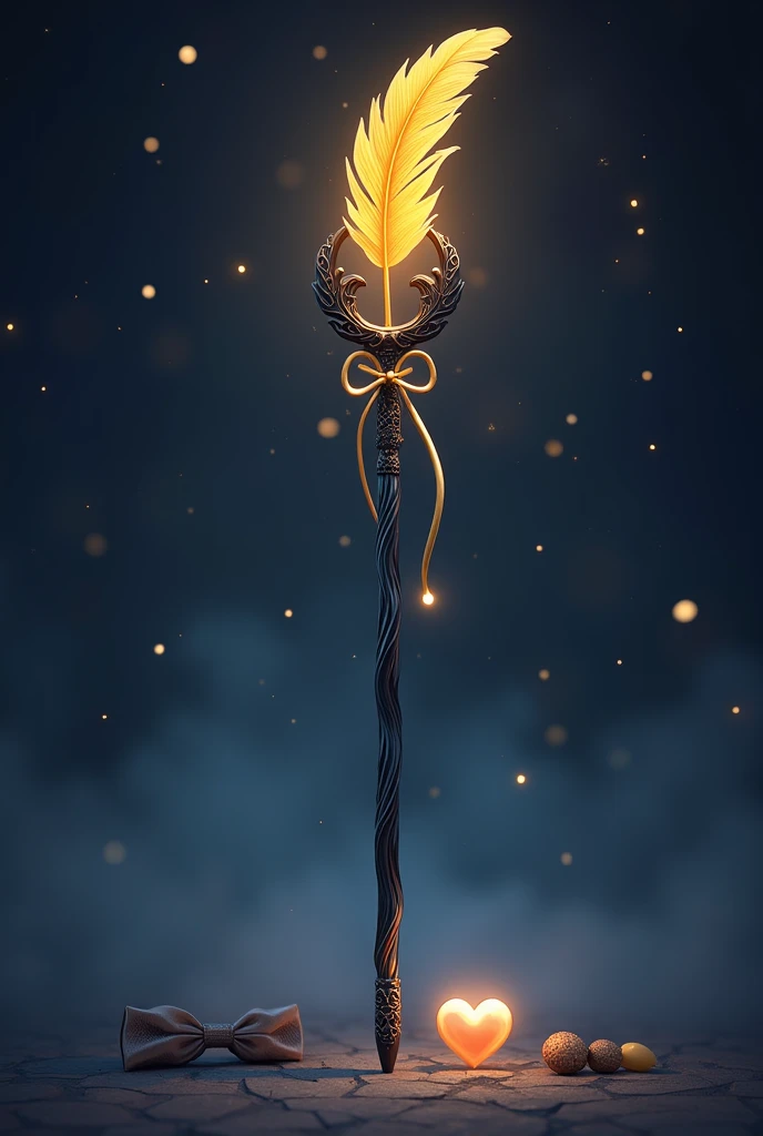 A black staff with a yellow feather pen and stars, a bow and a small heart.