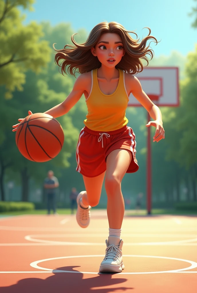 A girl of height 1.61 m medium wavy hair brown skin playing basketball