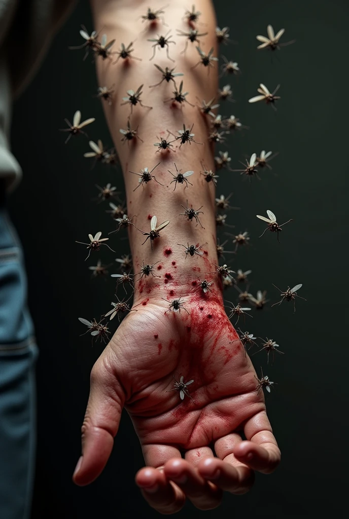 A human arm with a highly exaggerated number of mosquitoes swarming around it, with visible bites, redness, and swelling. The background could be dark or blurred, focusing all attention on the affected area.