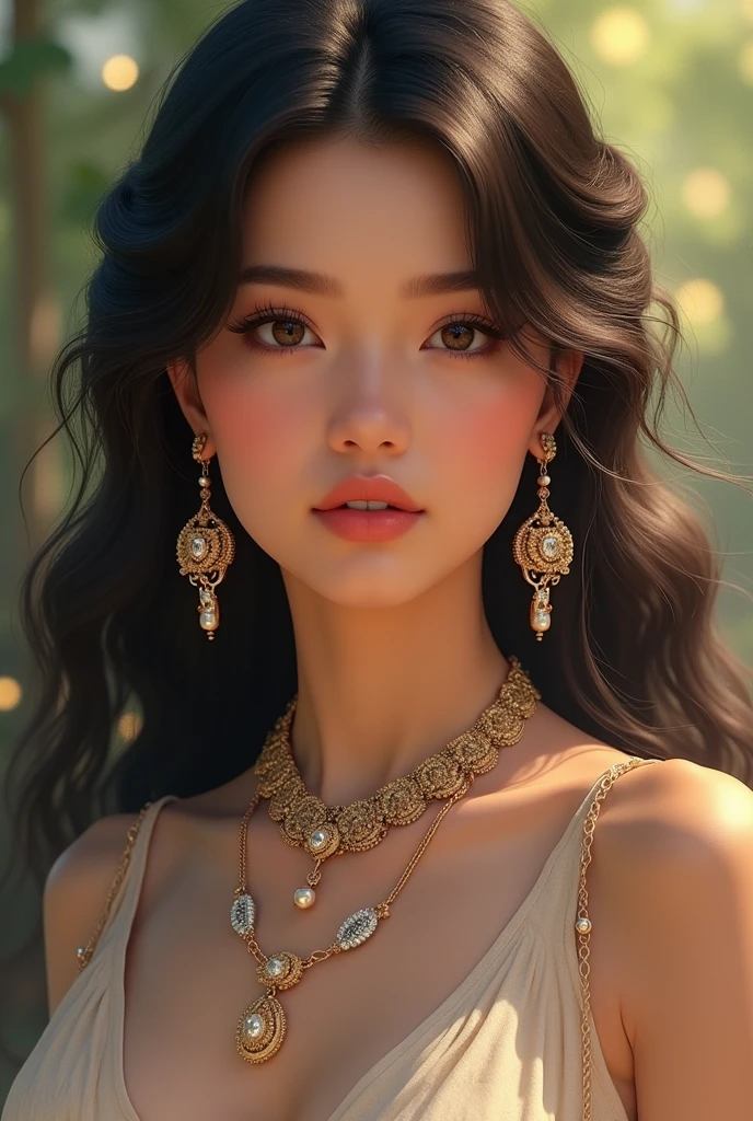 a beautiful girl with the name jannat, detailed portrait, intricate jewelry, delicate facial features, flowing hair, elegant dress, serene expression, natural lighting, photorealistic, hyperrealistic, 8k, high resolution, masterpiece, digital art, concept art, cinematic lighting, vibrant colors, warm tones